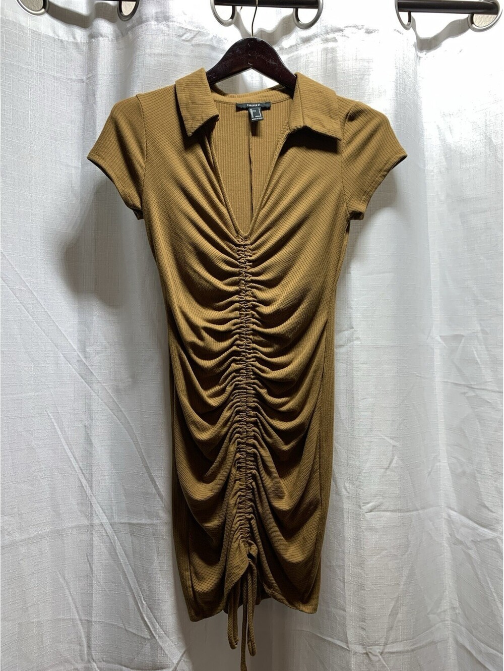 Forever 21 ruched collared short-sleeve dress Brown Small